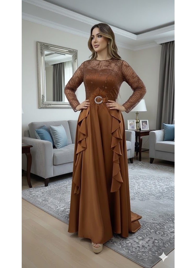 FULL JOY Elegant Maxi Dress with Sheer Lace Bodice, Long Sleeves And Waist Belt,Fashion Dress. - Image 2